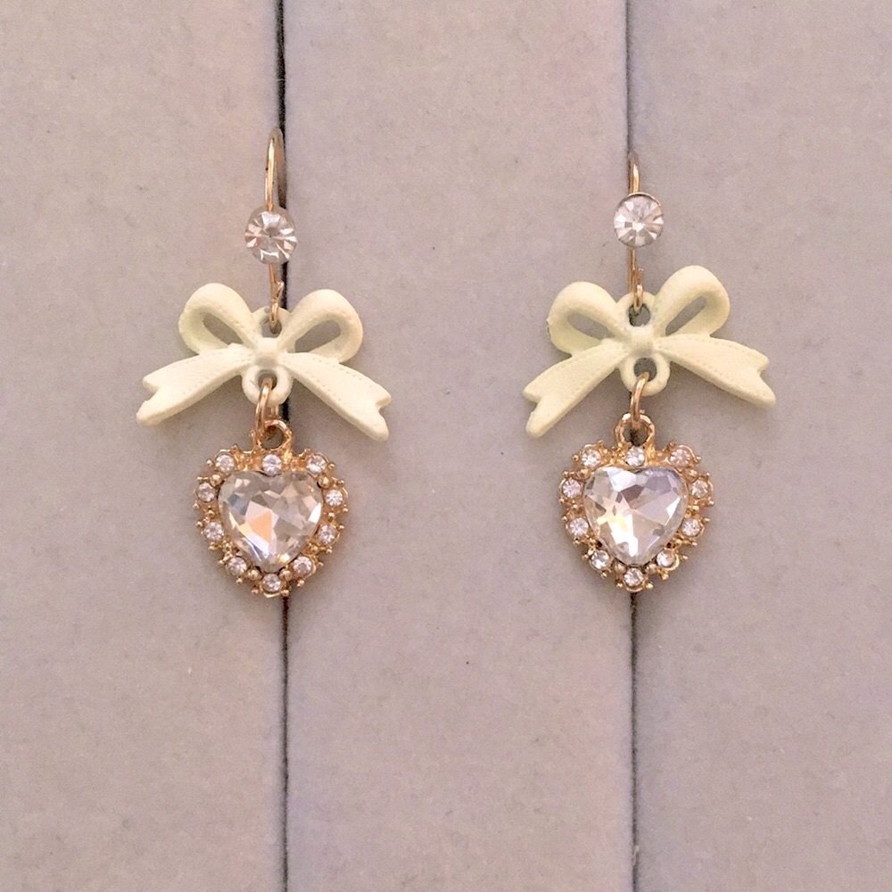 White Bow + Gold Crystal Halo Heart Drop Earrings